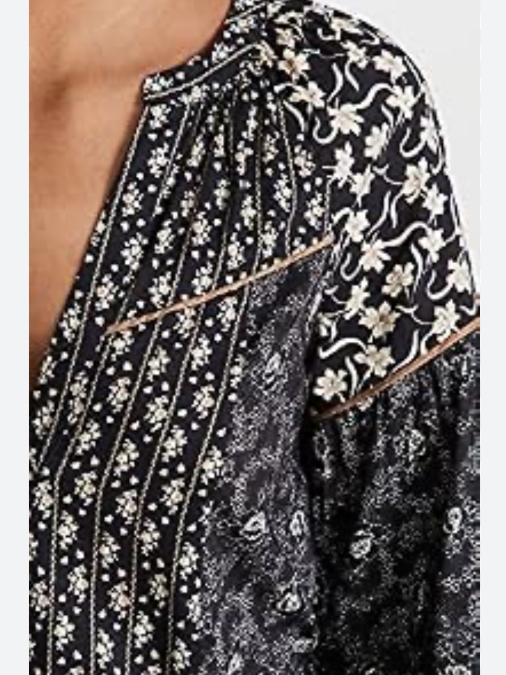 Tribal Boho Floral Mixed-Print V-Neck Women's Top - Navy L - Picture 5 of 11
